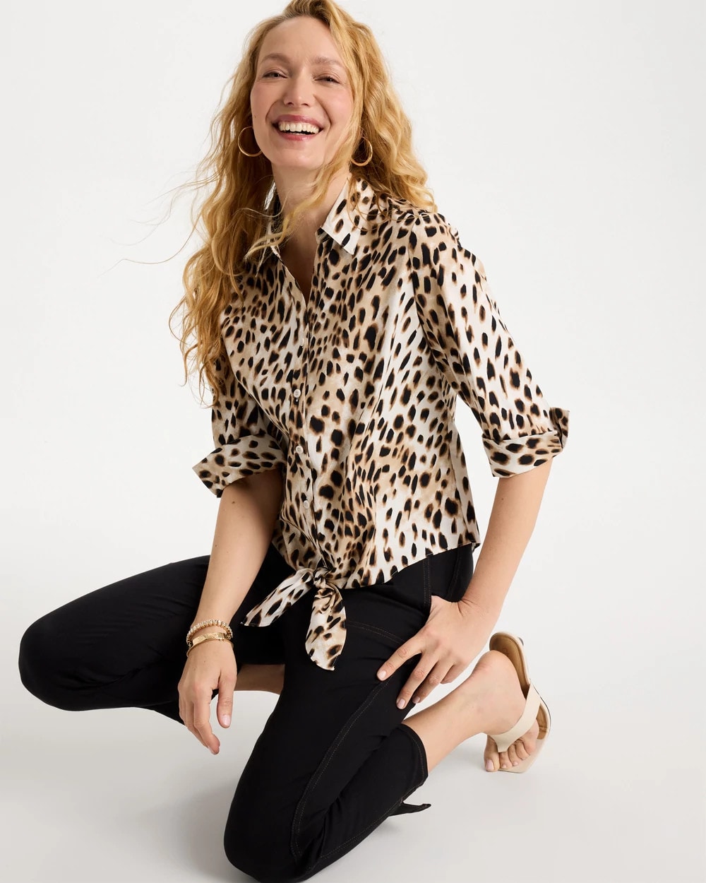 Chico's On Sale Black Poplin Cotton Animal Print Tie-Front Top