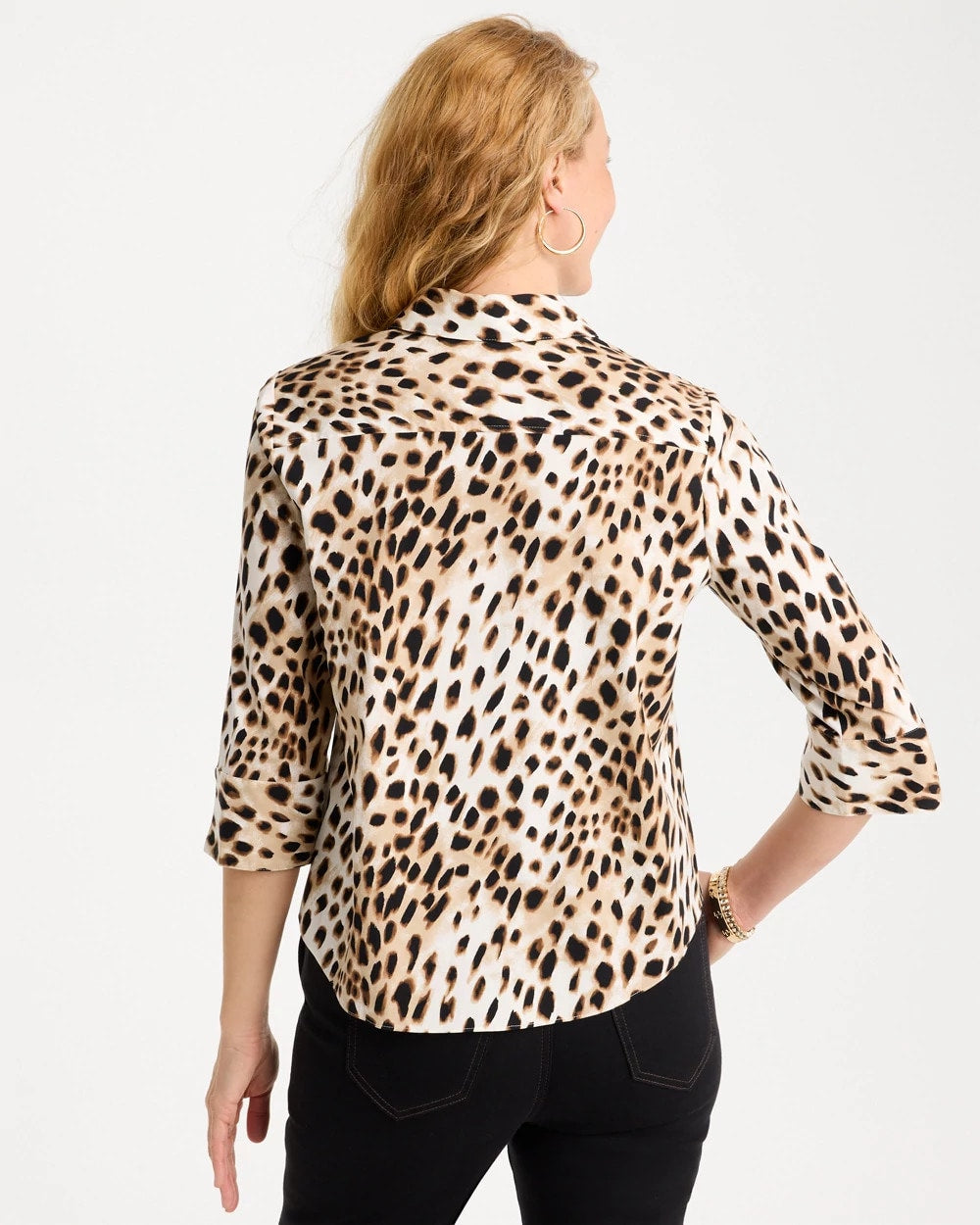 Chico's On Sale Black Poplin Cotton Animal Print Tie-Front Top