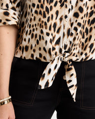 Chico's On Sale Black Poplin Cotton Animal Print Tie-Front Top