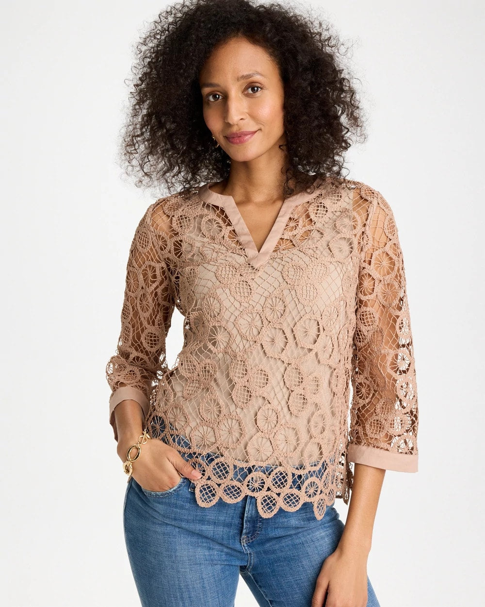 Chico's For Sale Mocha Mousse Mixed-Media Medallion Lace Top