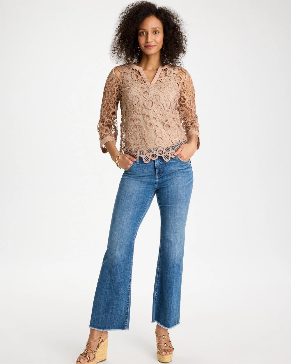 Chico's For Sale Mocha Mousse Mixed-Media Medallion Lace Top