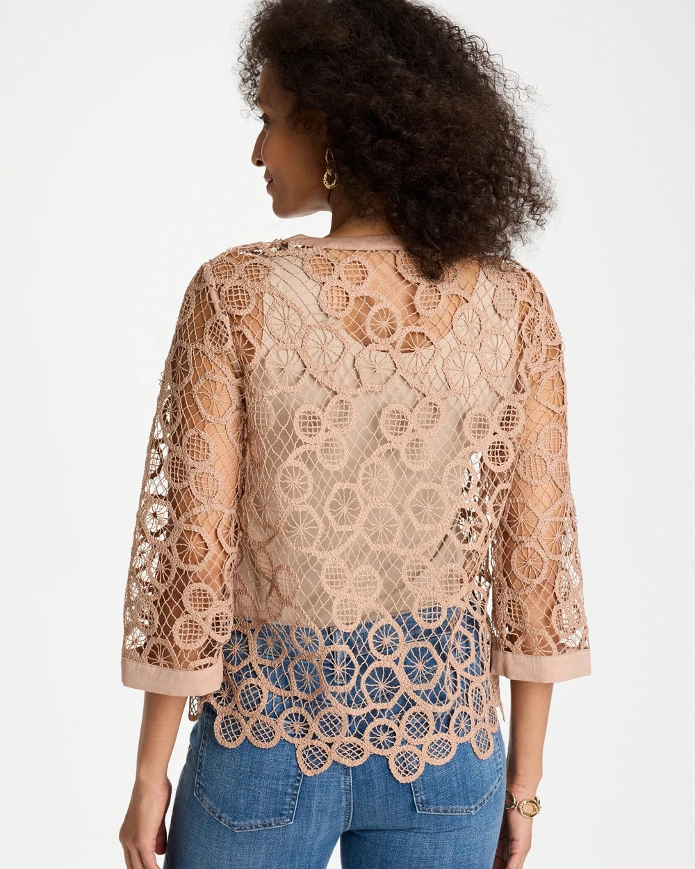 Chico's For Sale Mocha Mousse Mixed-Media Medallion Lace Top