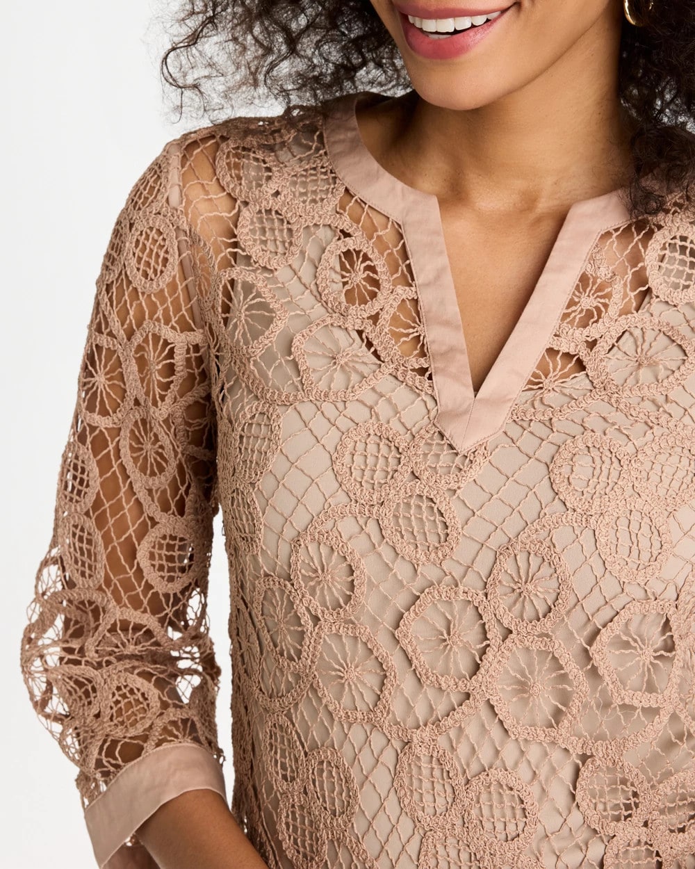 Chico's For Sale Mocha Mousse Mixed-Media Medallion Lace Top