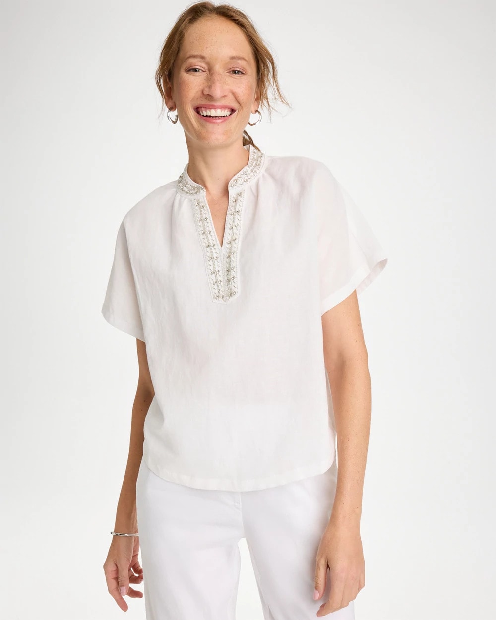 Chico's Online Alabaster Linen Embellished Popover Top