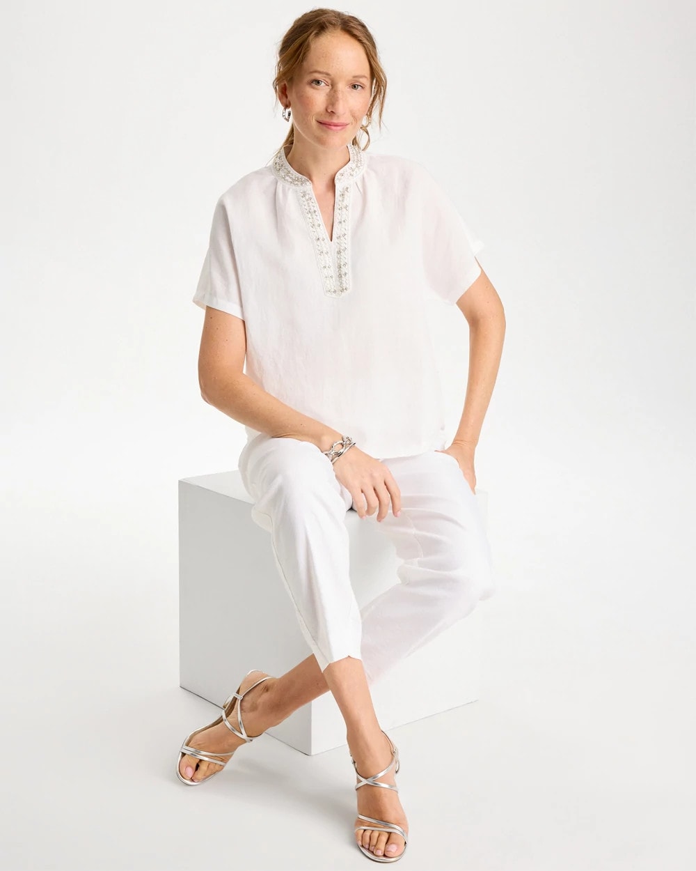 Chico's Online Alabaster Linen Embellished Popover Top