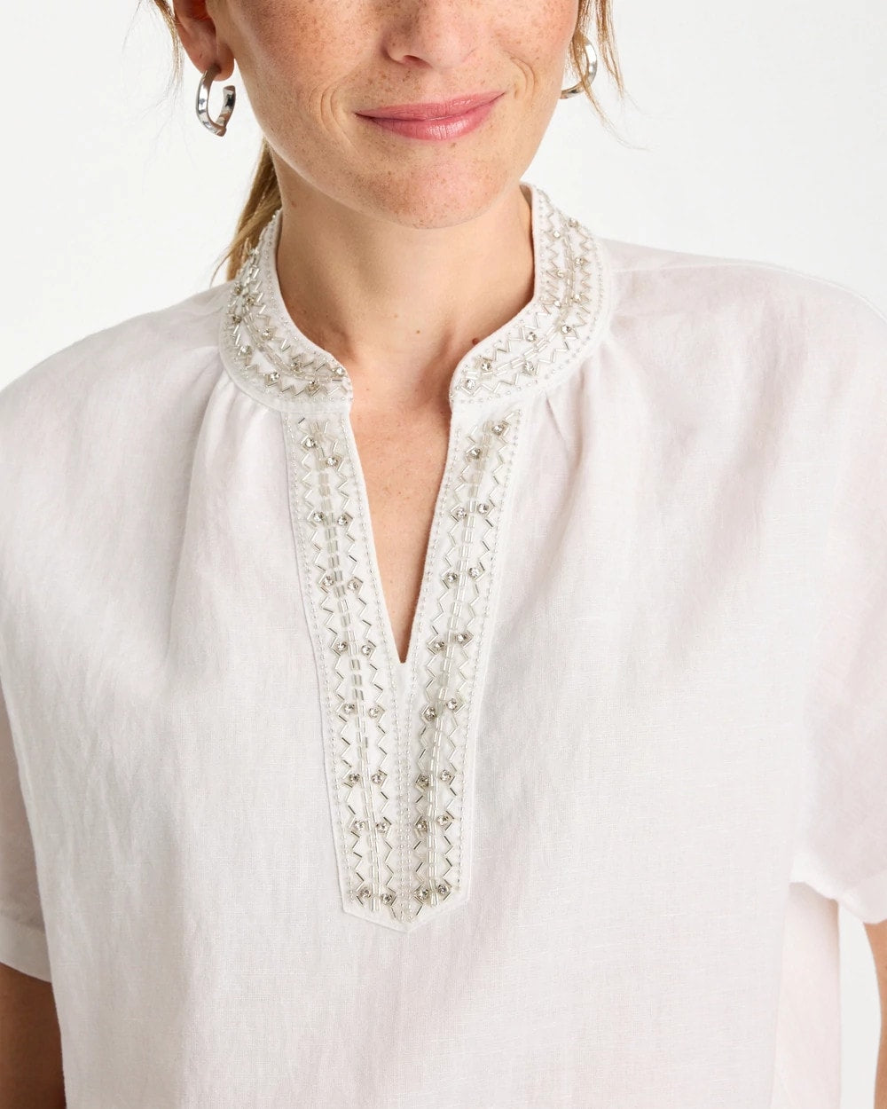 Chico's Online Alabaster Linen Embellished Popover Top