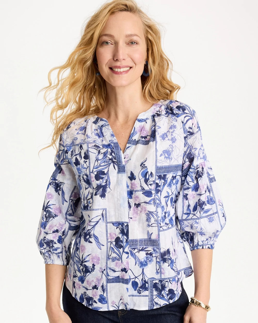 Chico's Discount Amparo Blue Cotton Printed Billow Sleeve Blouse