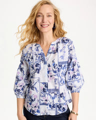 Chico's Discount Amparo Blue Cotton Printed Billow Sleeve Blouse