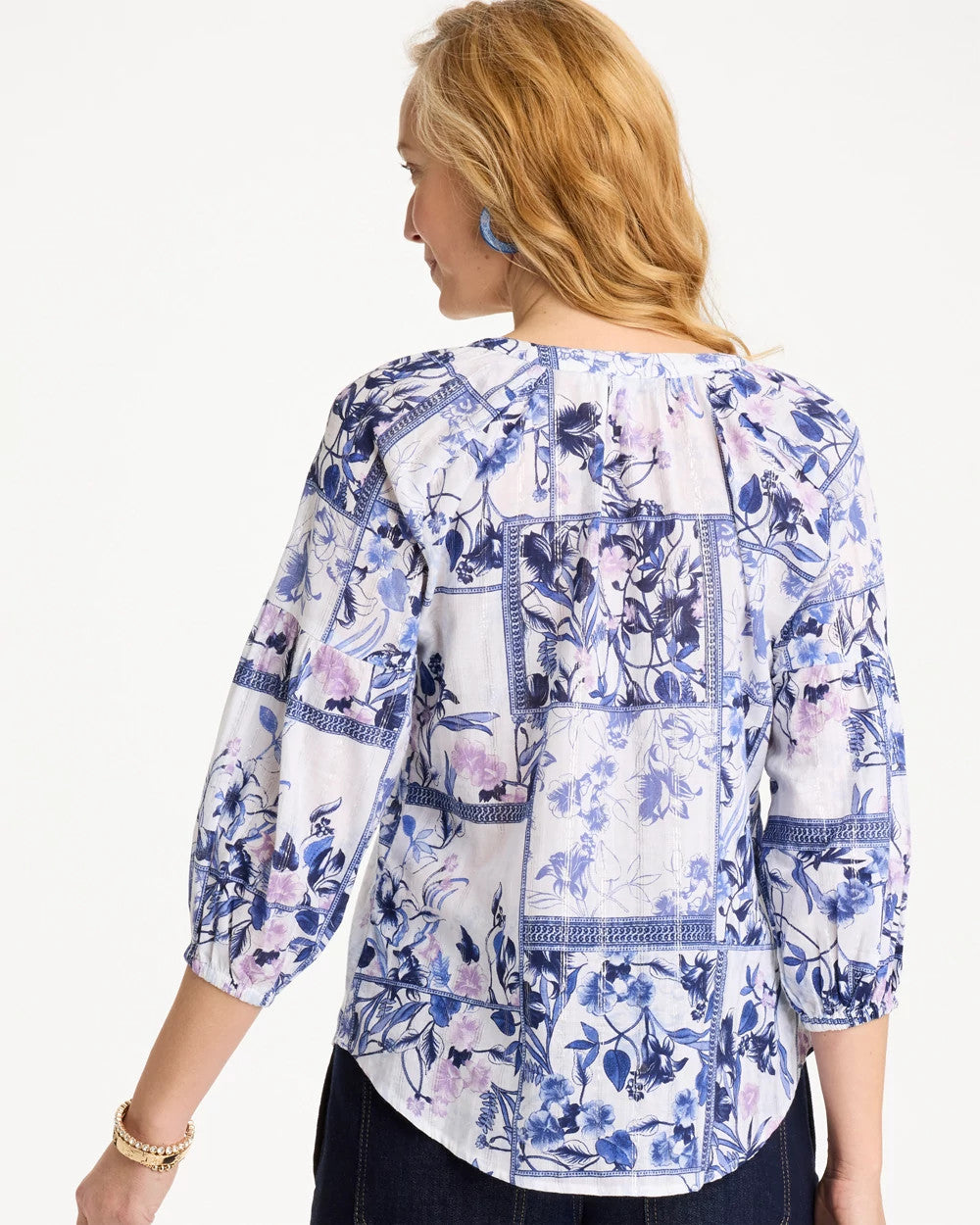 Chico's Discount Amparo Blue Cotton Printed Billow Sleeve Blouse