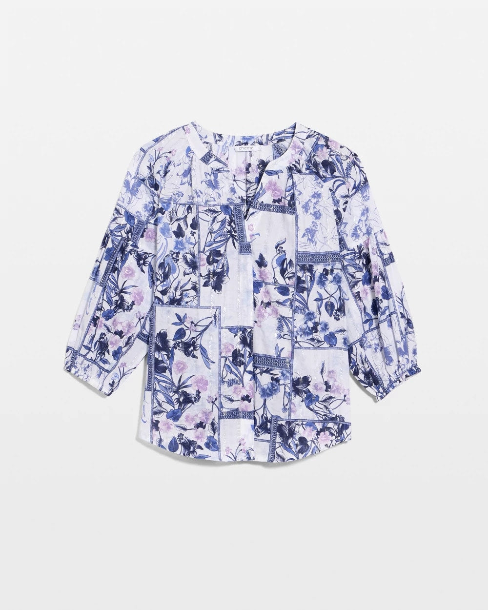 Chico's Discount Amparo Blue Cotton Printed Billow Sleeve Blouse