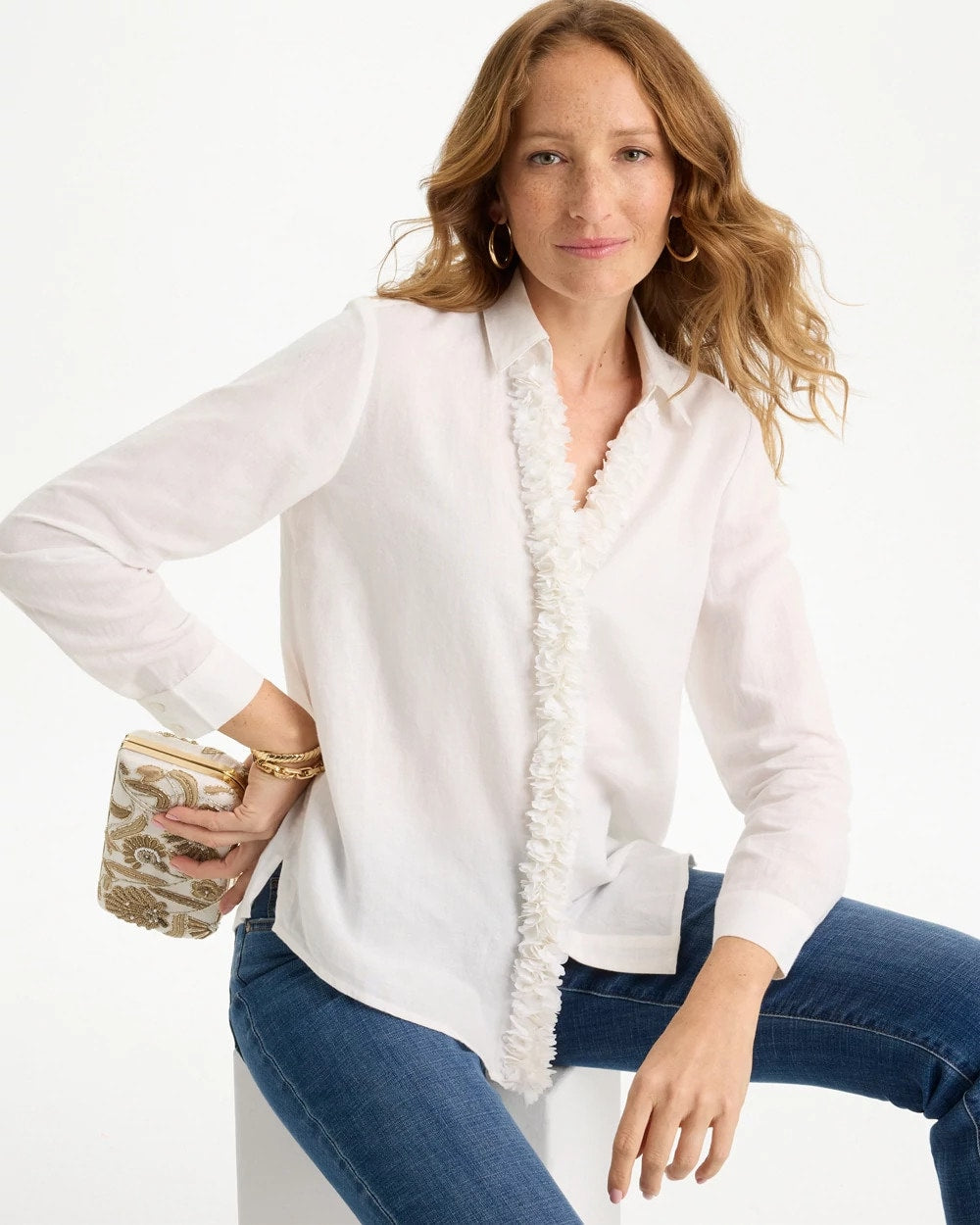Chico's Sale Alabaster Linen Flower Embellished Blouse