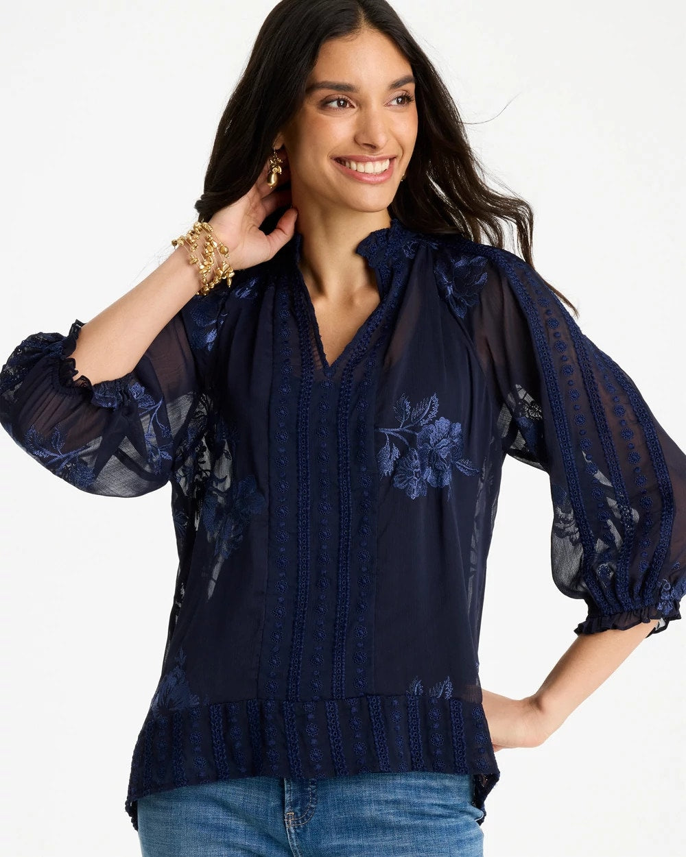 Chico's Outlet Passport Blue Embellished Splitneck Blouse