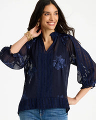 Chico's Outlet Passport Blue Embellished Splitneck Blouse