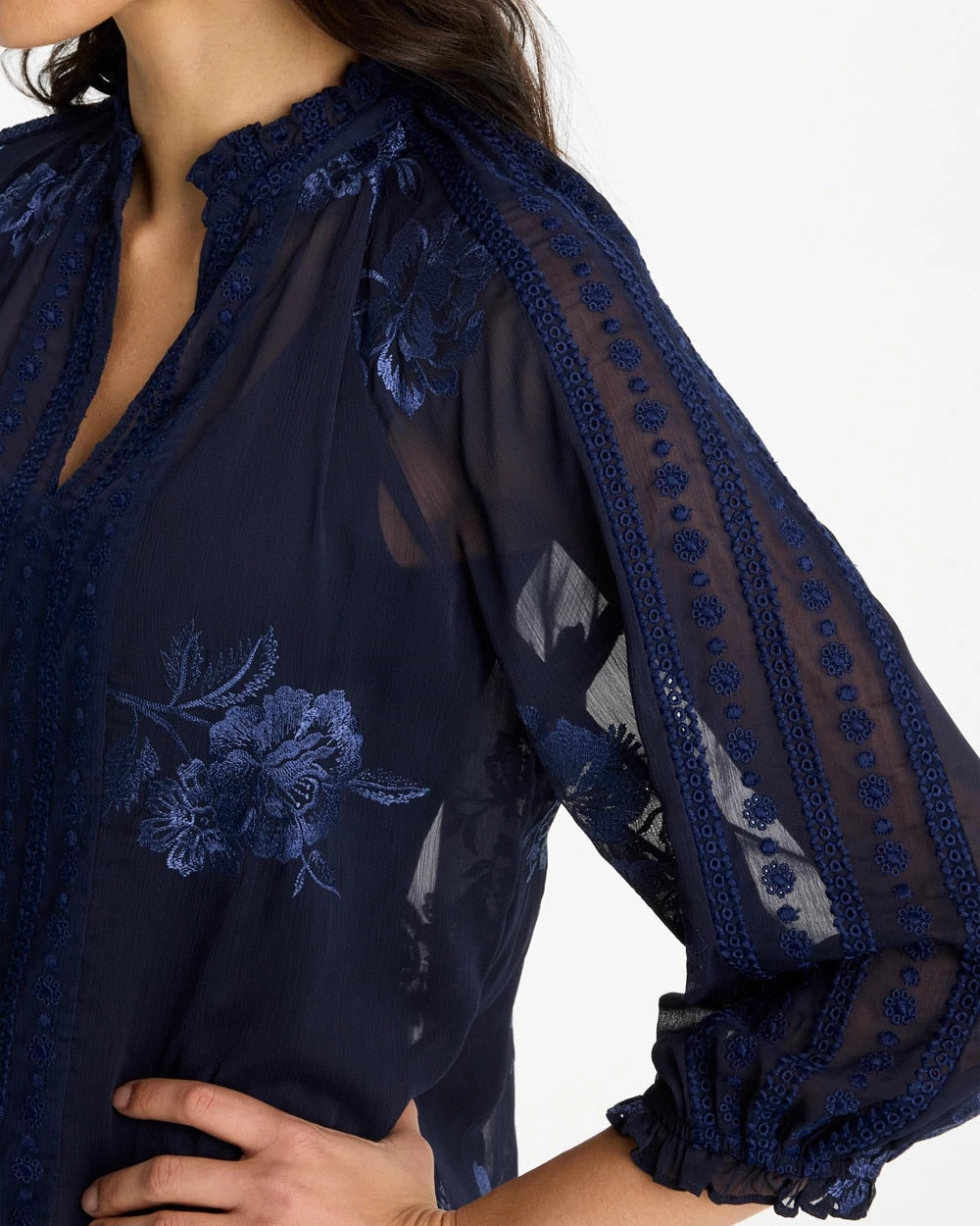 Chico's Outlet Passport Blue Embellished Splitneck Blouse