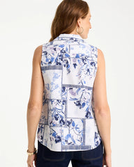 Chico's On Sale Amparo Blue Cotton-Blend Classic Printed Sleeveless Shirt