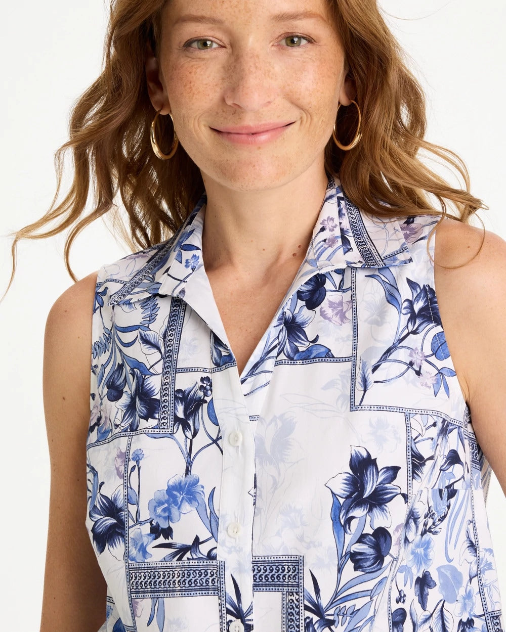 Chico's On Sale Amparo Blue Cotton-Blend Classic Printed Sleeveless Shirt