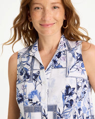 Chico's On Sale Amparo Blue Cotton-Blend Classic Printed Sleeveless Shirt