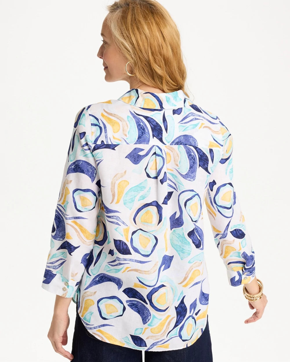 Chico's For Sale Passport Blue No Iron™ Linen Handpainted Print Shirt