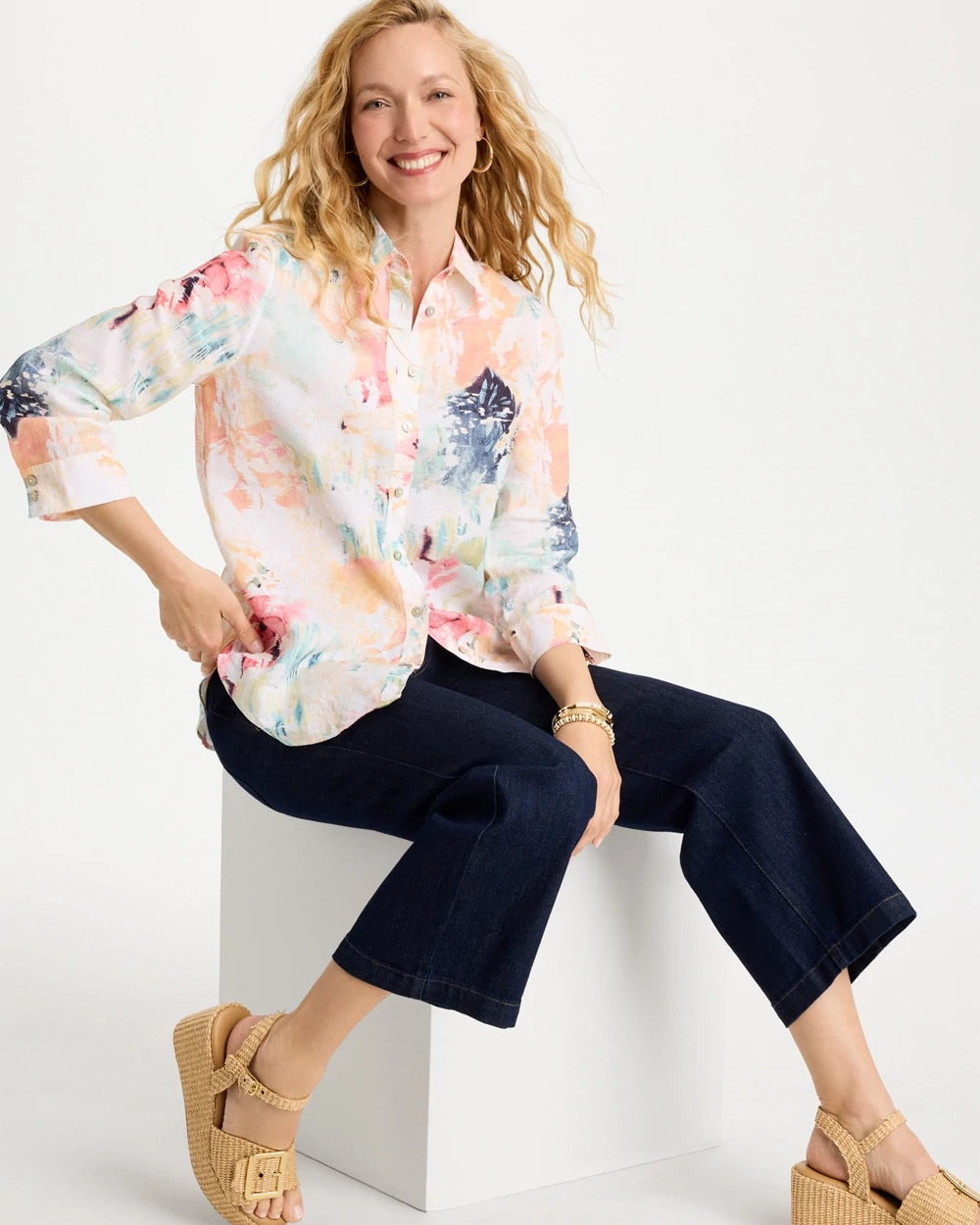Chico's Online Calypso Coral No Iron™ Linen Printed Shirt