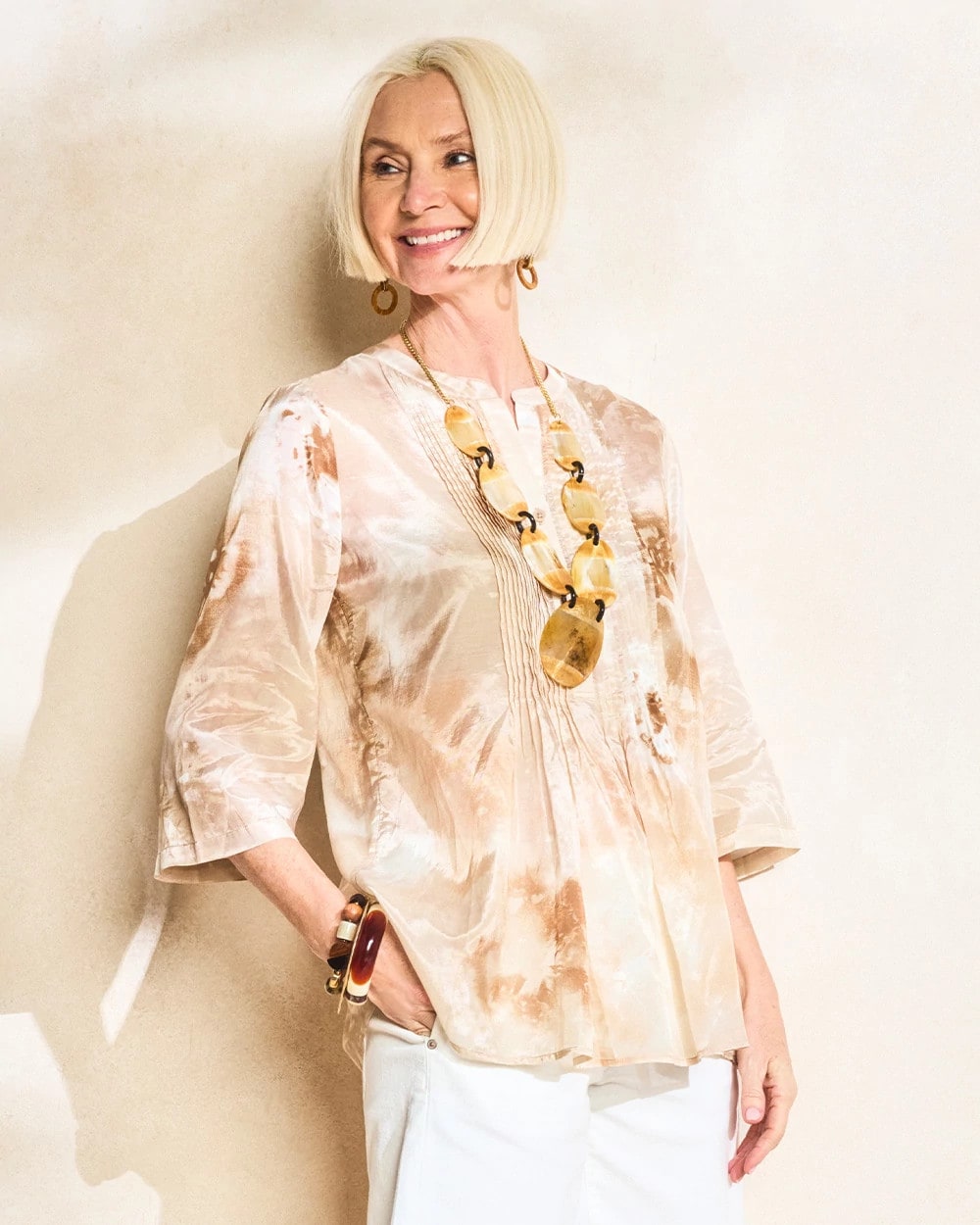 Chico's Sale Sandstone Cotton-Blend Pintuck Tunic