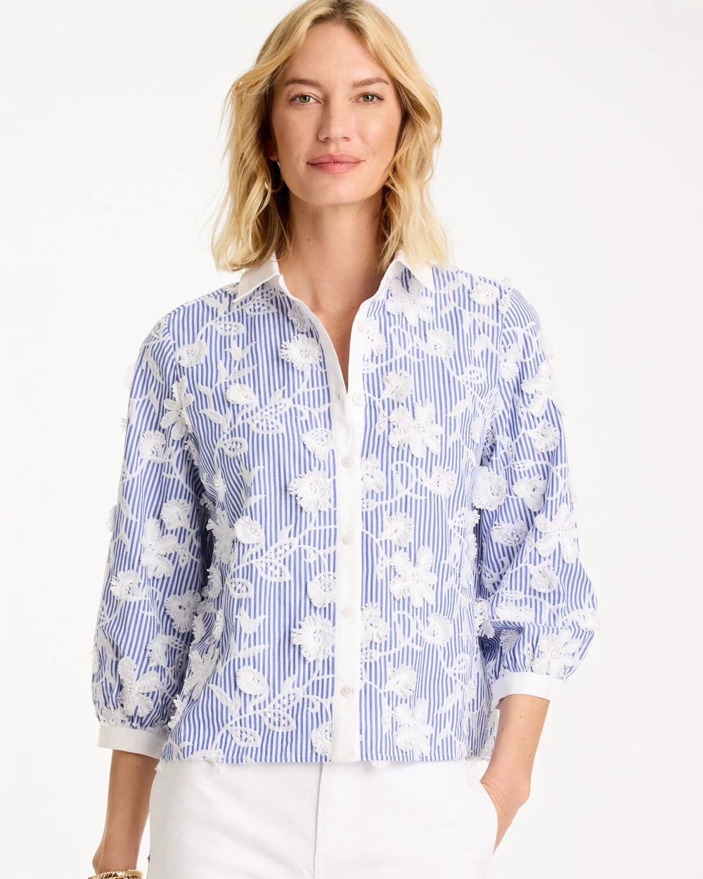 Chico's Outlet Alabaster Cotton 3D Embroidered Striped Shirt