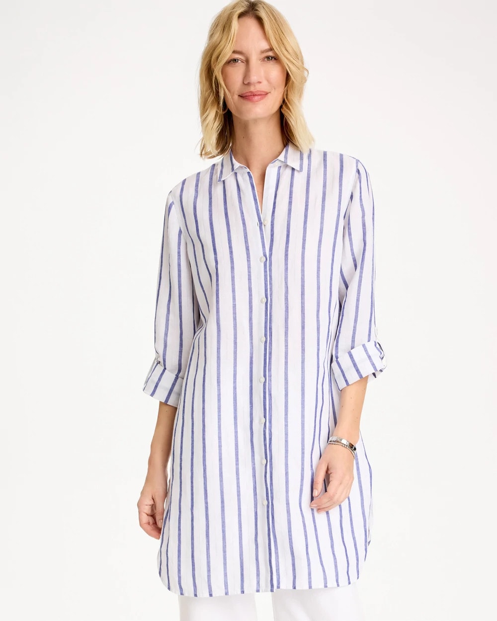 Chico's On Sale Alabaster Linen Metallic Striped Duster Shirt