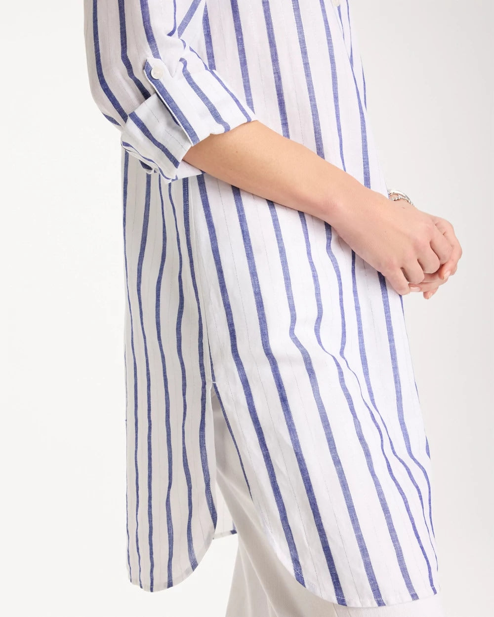 Chico's On Sale Alabaster Linen Metallic Striped Duster Shirt