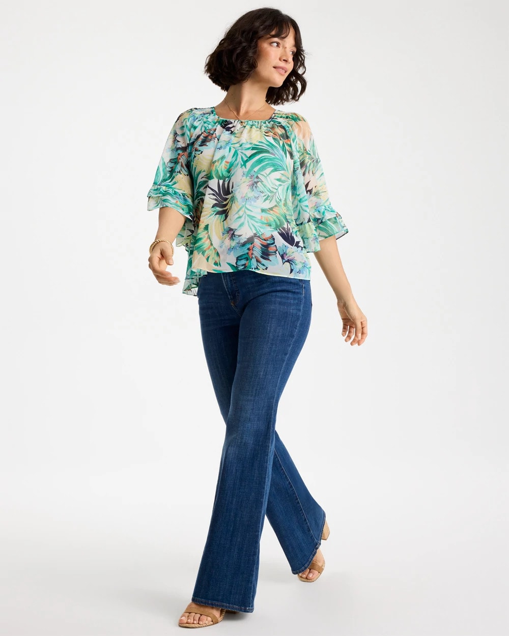 Chico's For Sale Topanga Green Printed Georgette Swing Blouse