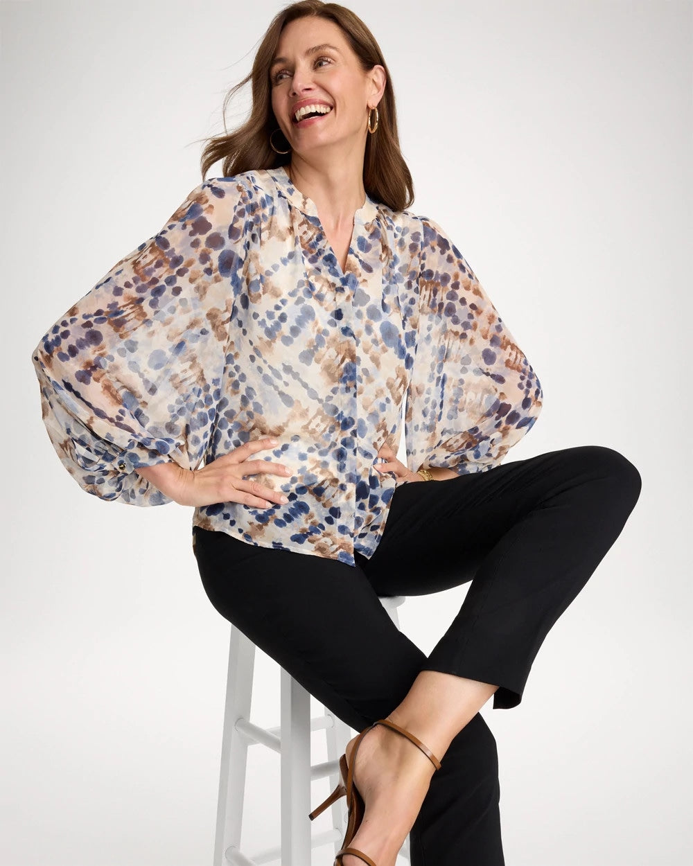 Chico's Discount Passport Blue Georgette Printed Blouse