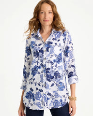 Chico's On Sale Amparo Blue No Iron™ Linen Bloom Shirt