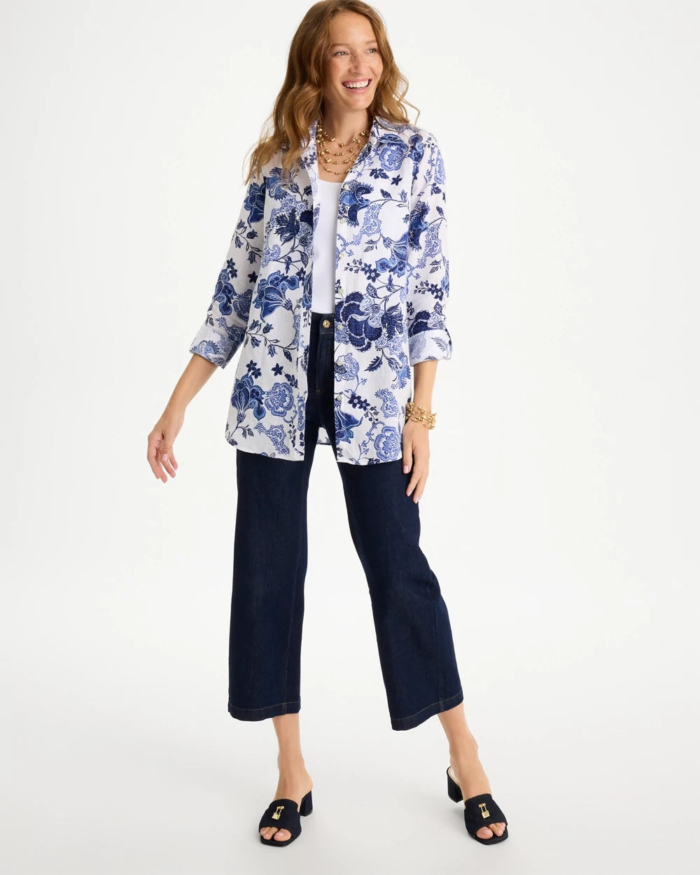 Chico's On Sale Amparo Blue No Iron™ Linen Bloom Shirt