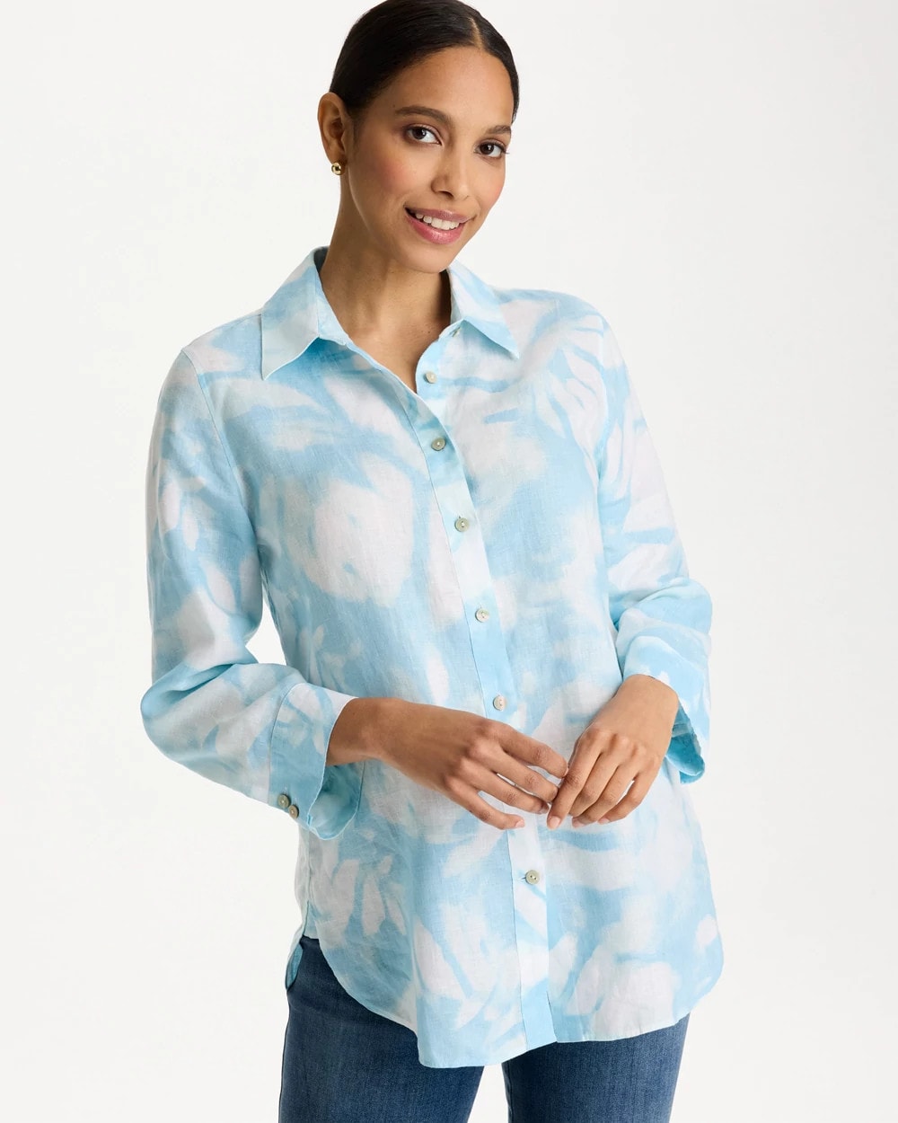 Chico's For Sale Blue Haven Tie-Dye No Iron Linen Shirt