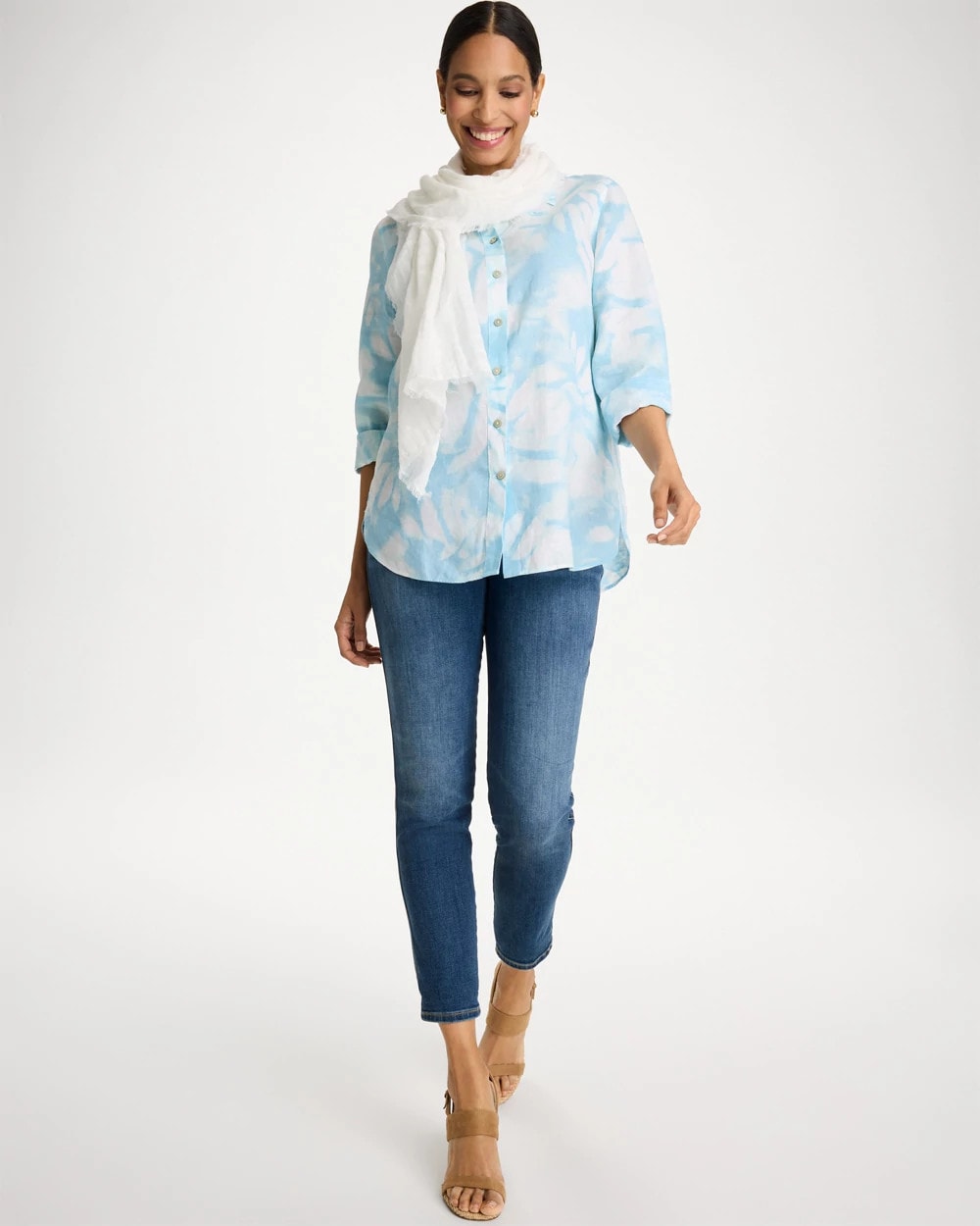 Chico's For Sale Blue Haven Tie-Dye No Iron Linen Shirt