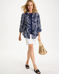 Chico's Discount Passport Blue Printed No Iron Stretch Shirt