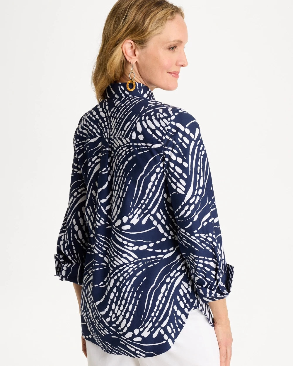 Chico's Discount Passport Blue Printed No Iron Stretch Shirt