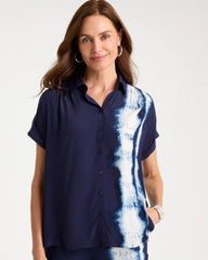 Chico's Sale Passport Blue Faux Silk Henley Colorblock Top
