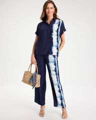 Chico's Sale Passport Blue Faux Silk Henley Colorblock Top