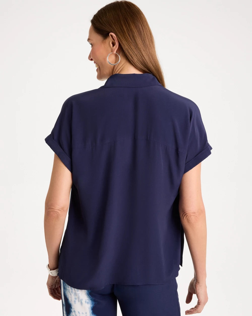 Chico's Sale Passport Blue Faux Silk Henley Colorblock Top