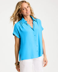 Chico's On Sale Blue Tide Faux Silk Henley Top