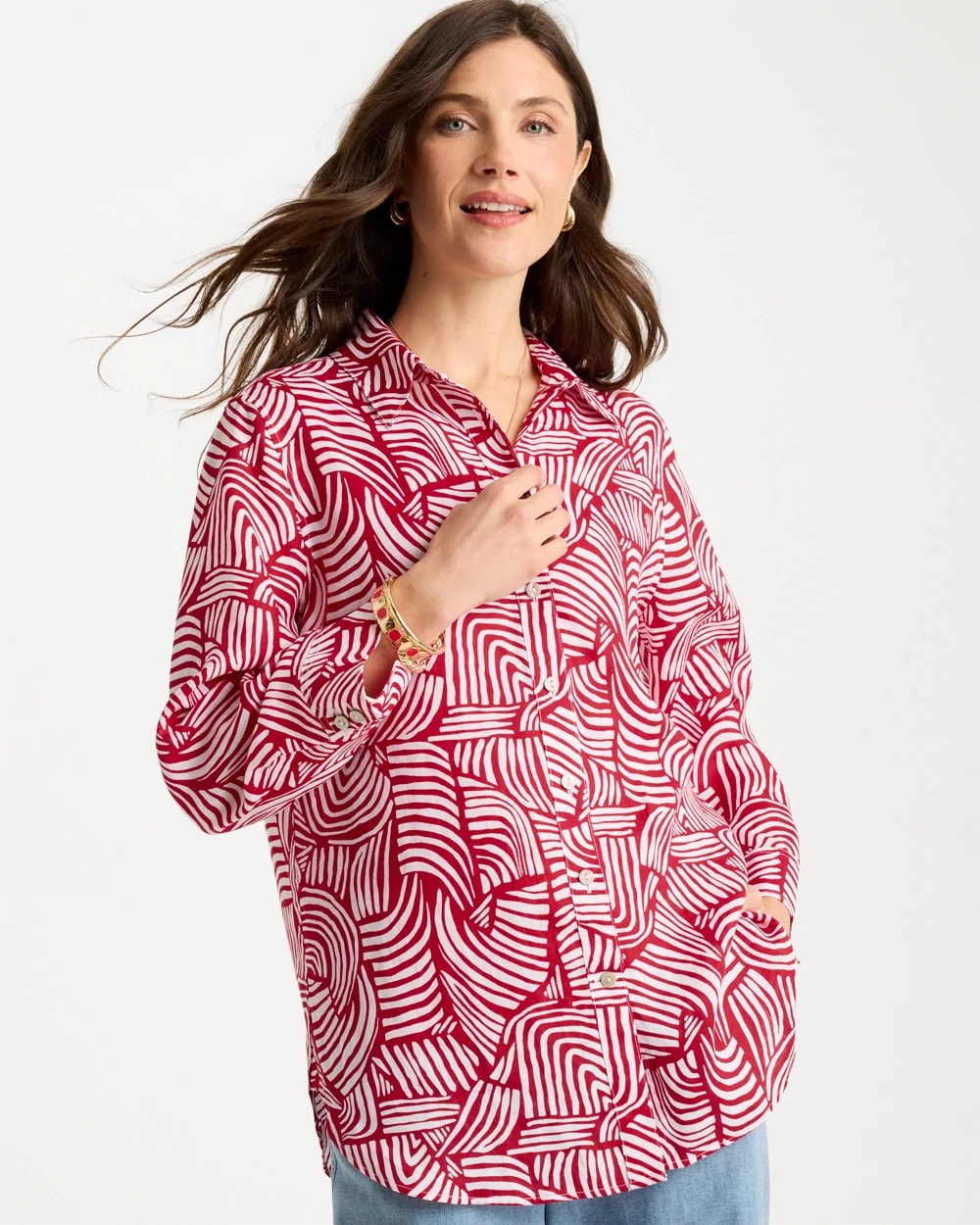 Chico's Online Cherry Lush No Iron™ Linen Geo Print Shirt