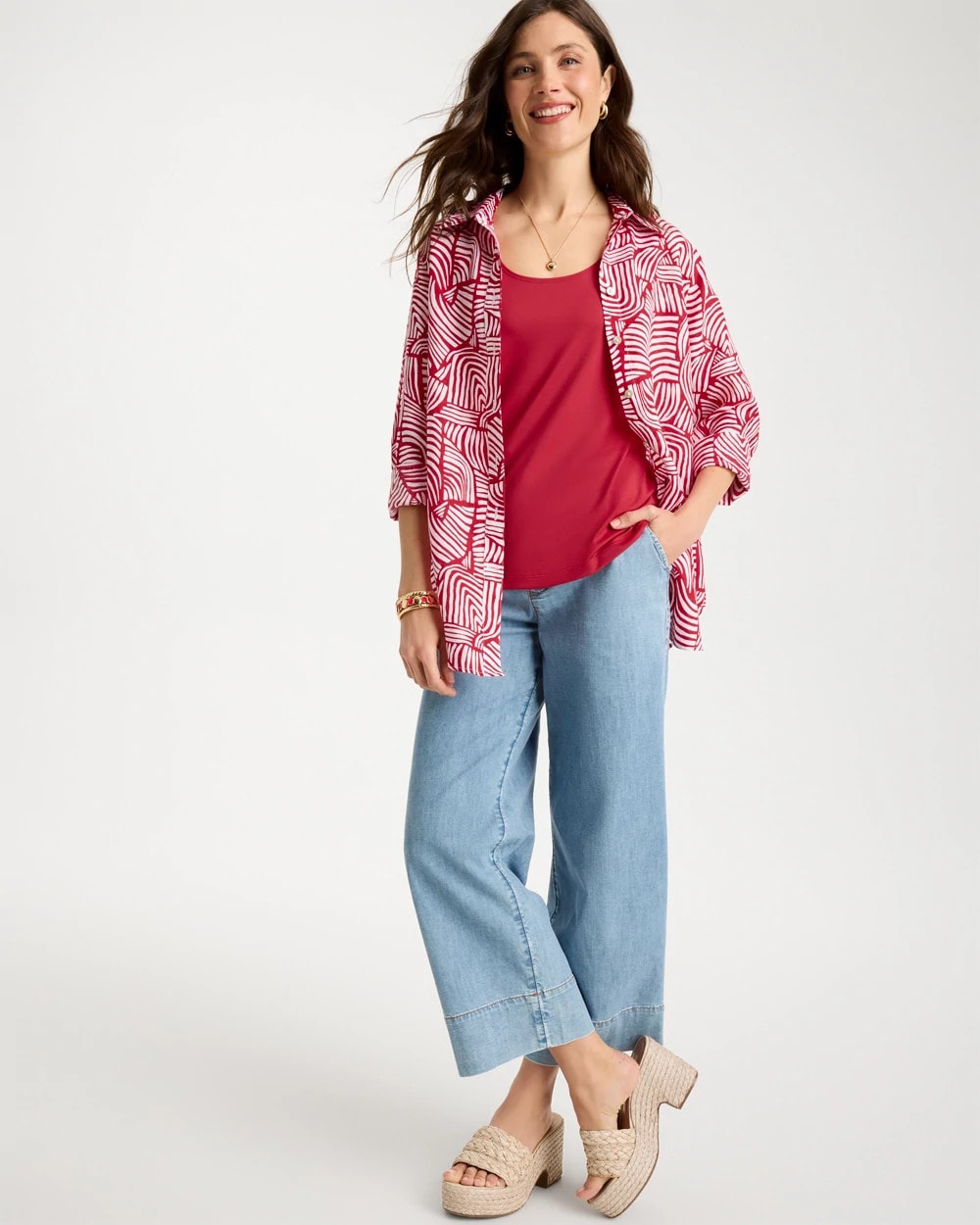 Chico's Online Cherry Lush No Iron™ Linen Geo Print Shirt