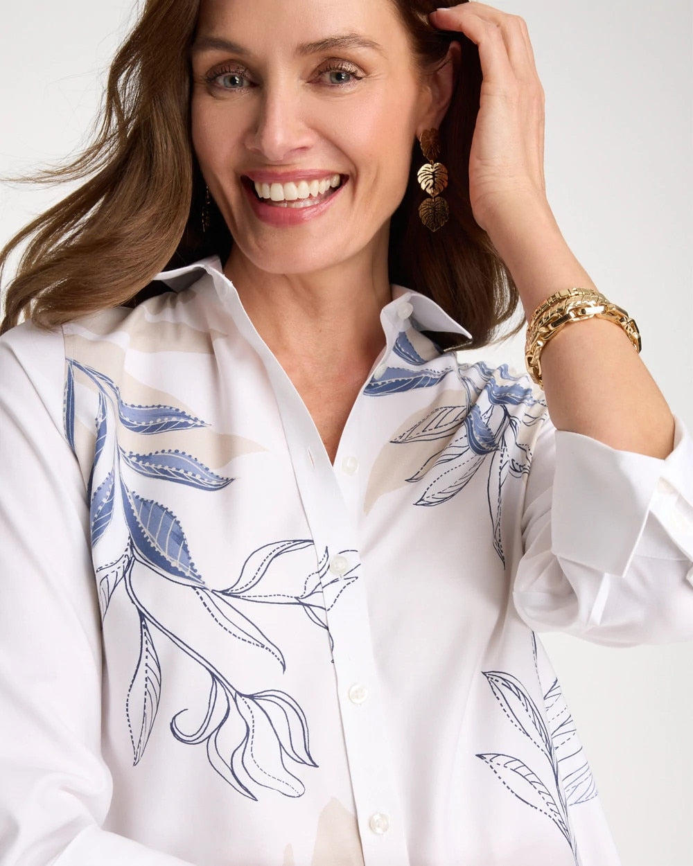 Chico's Sale Optic White Placed Print No Iron Stretch Shirt