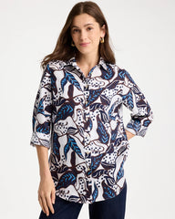 Chico's Outlet Passport Blue Printed No Iron Linen Shirt