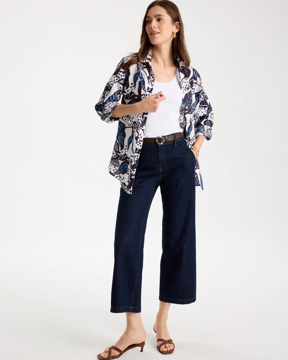 Chico's Outlet Passport Blue Printed No Iron Linen Shirt