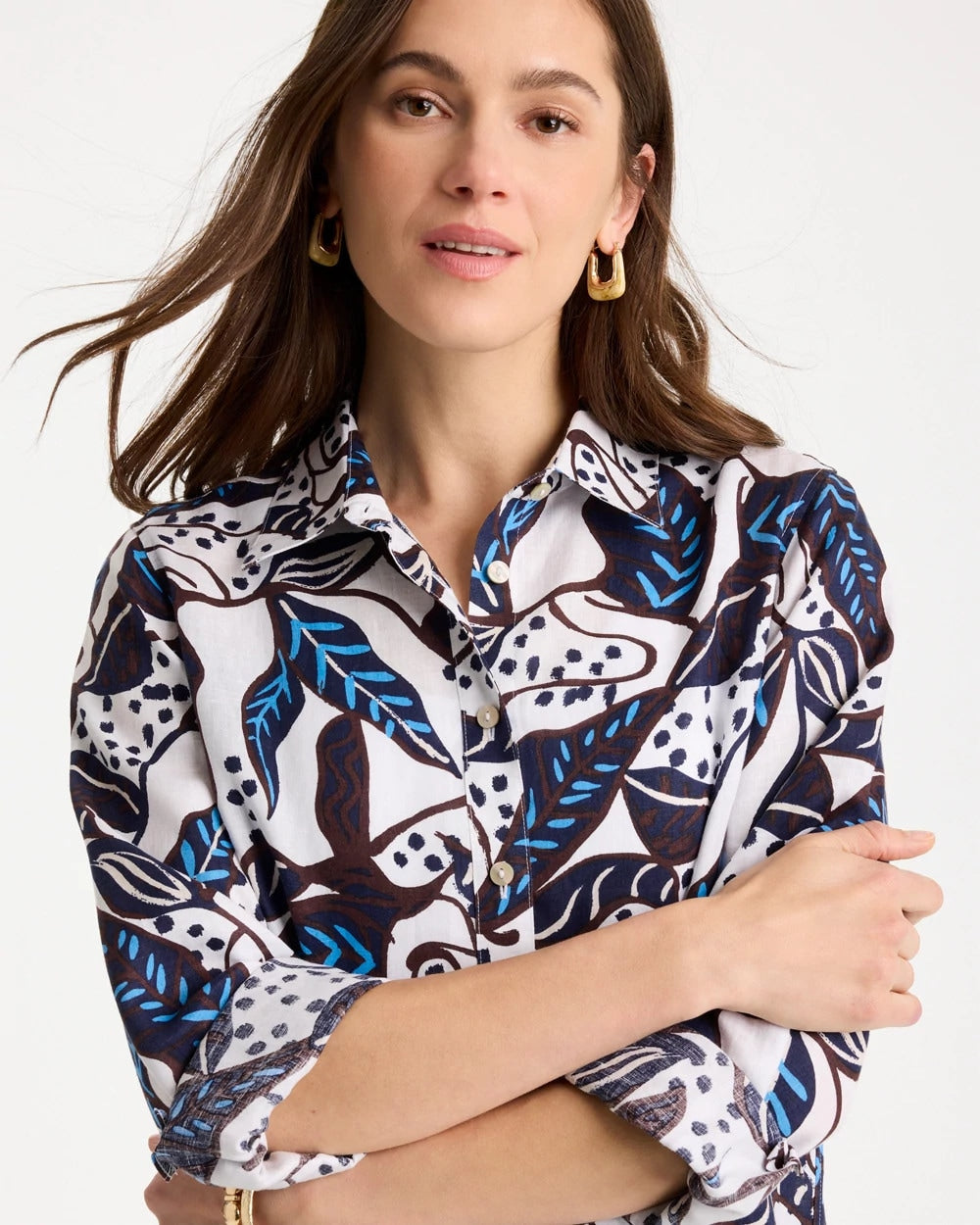 Chico's Outlet Passport Blue Printed No Iron Linen Shirt