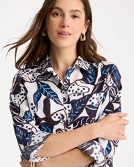 Chico's Outlet Passport Blue Printed No Iron Linen Shirt