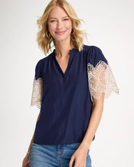 Chico's Discount Passport Blue Sea Island Crochet Lace Blouse