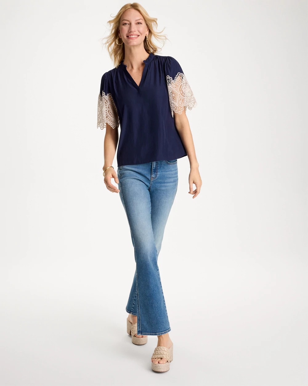 Chico's Discount Passport Blue Sea Island Crochet Lace Blouse
