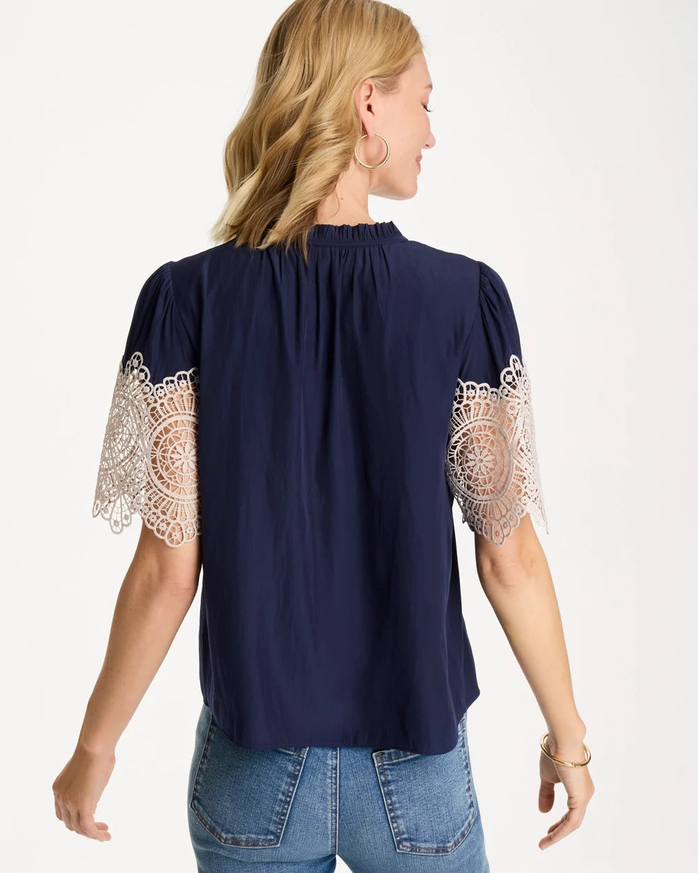 Chico's Discount Passport Blue Sea Island Crochet Lace Blouse
