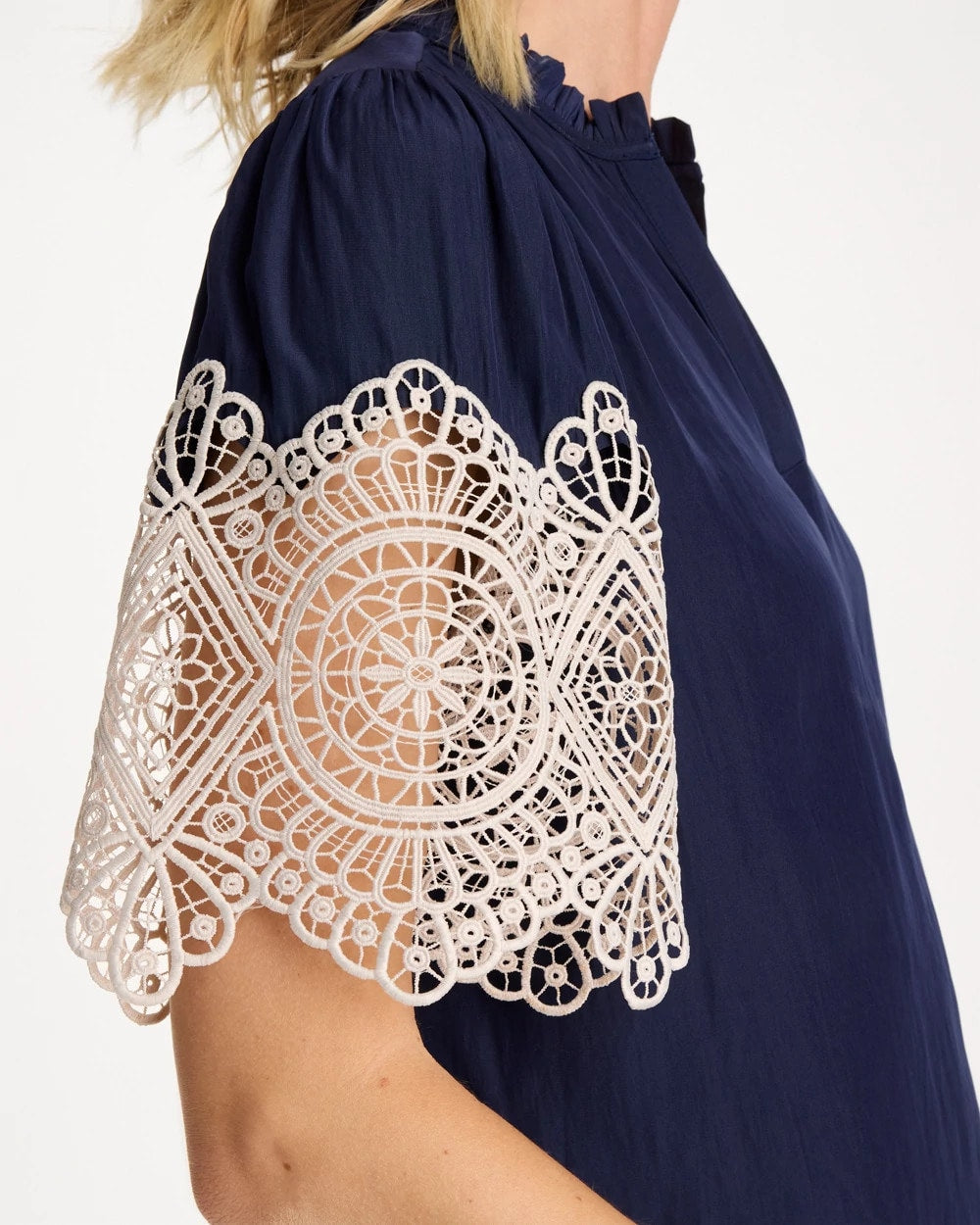 Chico's Discount Passport Blue Sea Island Crochet Lace Blouse